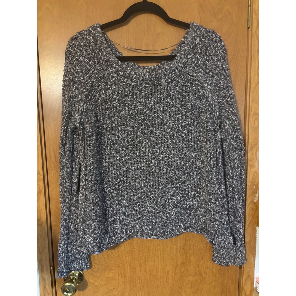Free People Marled Knit Sweater Grey White Chunky Pullover Raglan Scoop Neck M